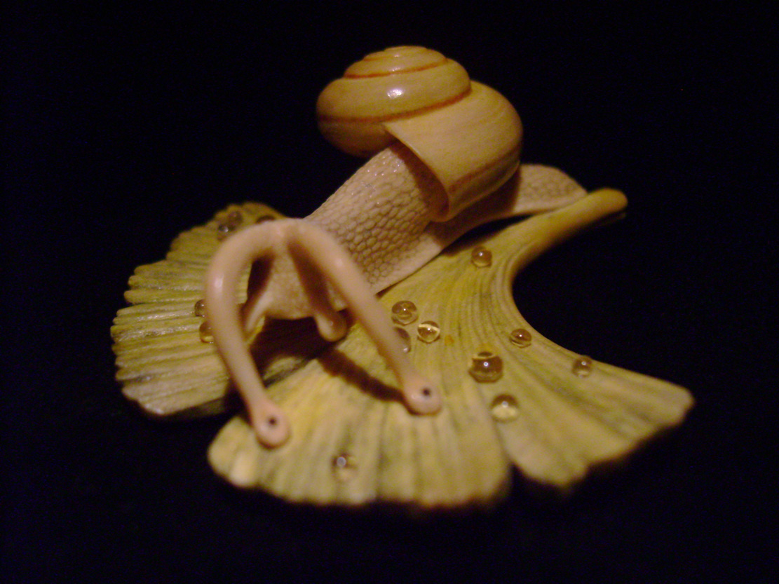 Snail on Gingkoleaf, schnecke, Ginkoblatt, Dewdrop, Cornel, Schneider, Boxwood, Buchsbaum,  jpeg, jpg, scuplture, Schnitzerei, Carving, netsuke 