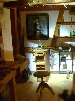 Violin Workshop, Geigen, Werkstatt, miniature, 1:21,Cornel, Schneider, Boxwood, Buchsbaum,  jpeg, jpg, scuplture, Schnitzerei, Carving, Modell, 