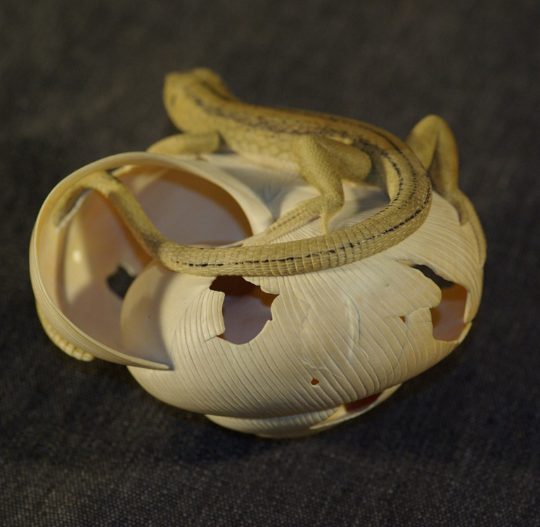 LIZARD ON SNAILHOUSE, Eidechse, Schneckenhaus, Cornel, Schneider, Boxwood, Buchsbaum,  jpeg, jpg, scuplture, Schnitzerei, Carving, okimono
