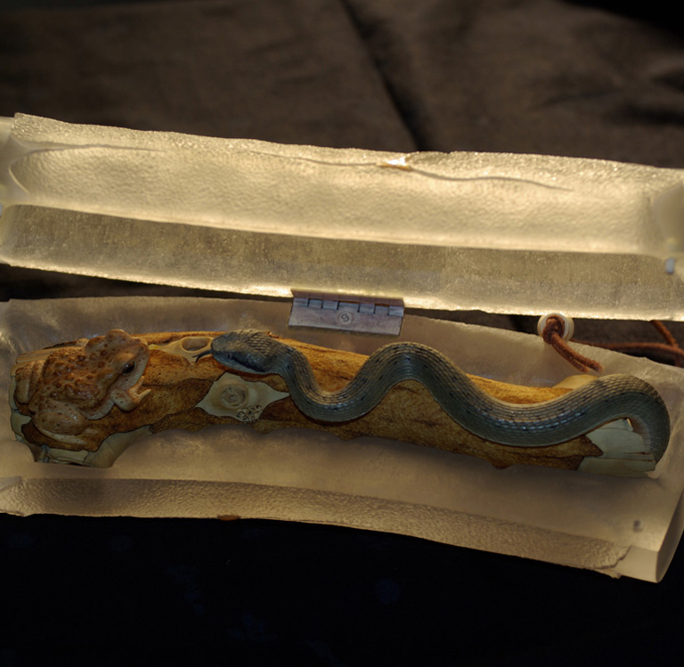 MEETING, Toad, Aspisviper, Kröte, Cornel, Schneider, Boxwood, Buchsbaum, Acrylglass, jpeg, jpg, scuplture, Schnitzerei, Carving,okimono